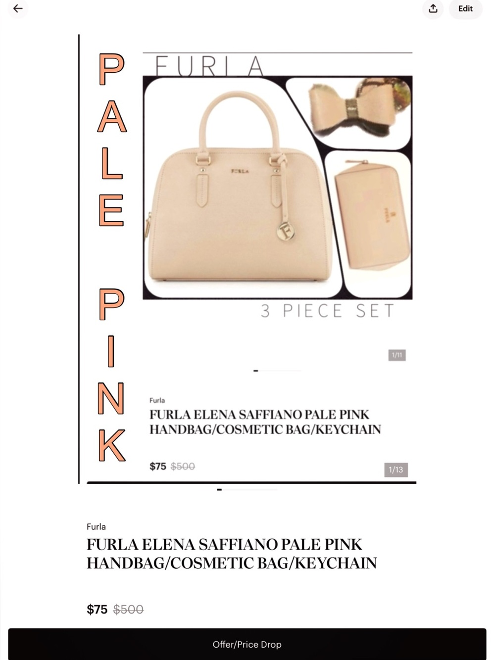 FURLA ELENA SAFFIANO PALE PINK HANDBAG/COSMETIC BAG/KEYCHAIN